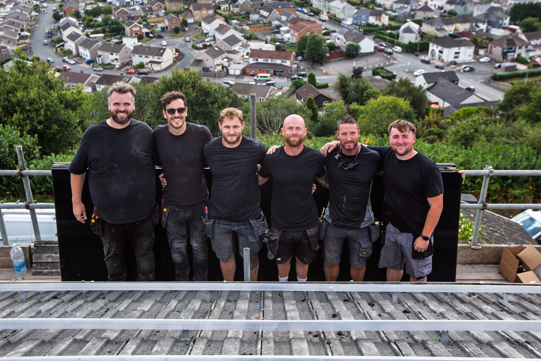 The PowerHaus team lined up on the scaffolding in Llantrisant: Chewy, Christian, Jordon, Calum, Wayne and Jamie